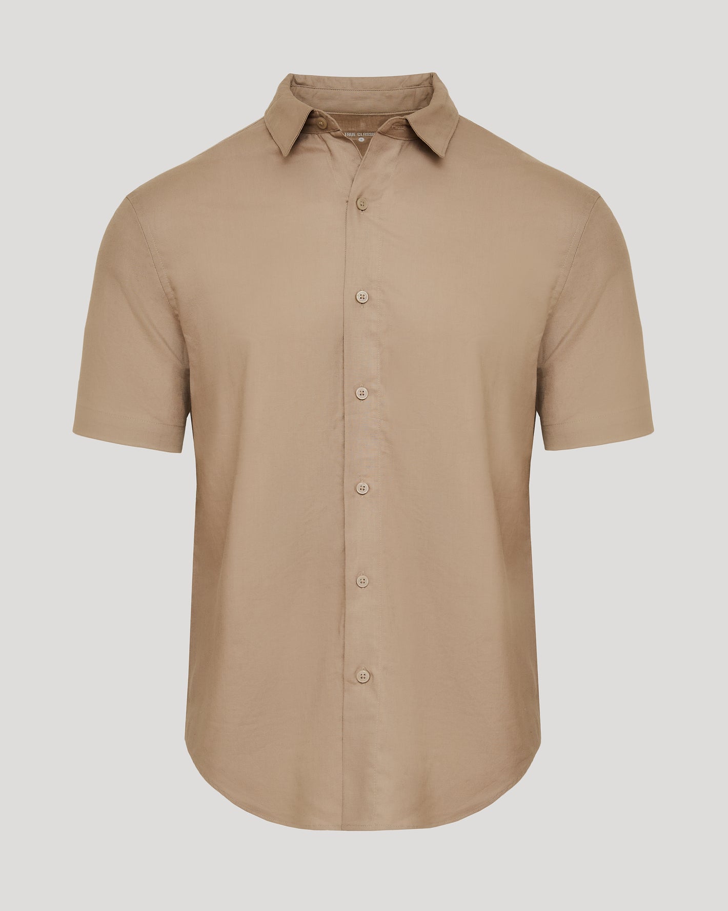 Dusty Taupe Short Sleeve Linen Shirt with buttons and classic collar.