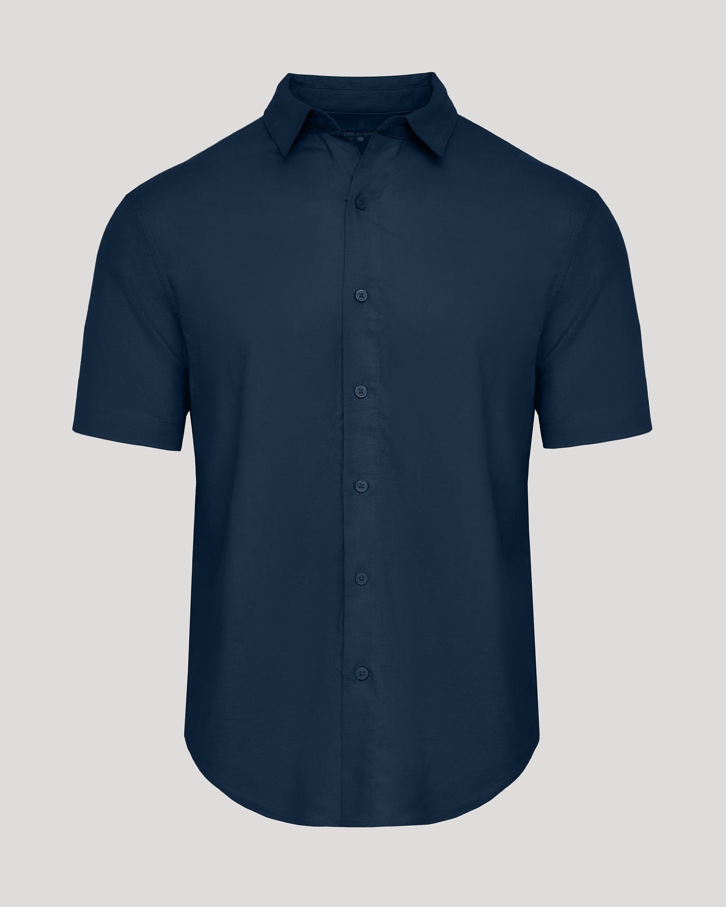 Navy Short Sleeve Linen Shirt with button-front and point collar.