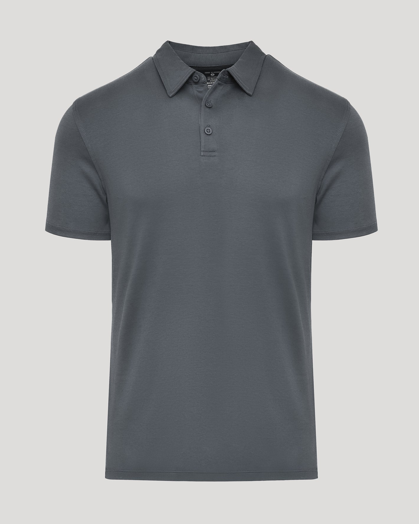 Carbon Premium Pima Polo in charcoal with classic collar and three-button placket.