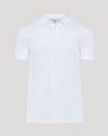 White Premium Pima Polo with fold-over collar and three-button placket.