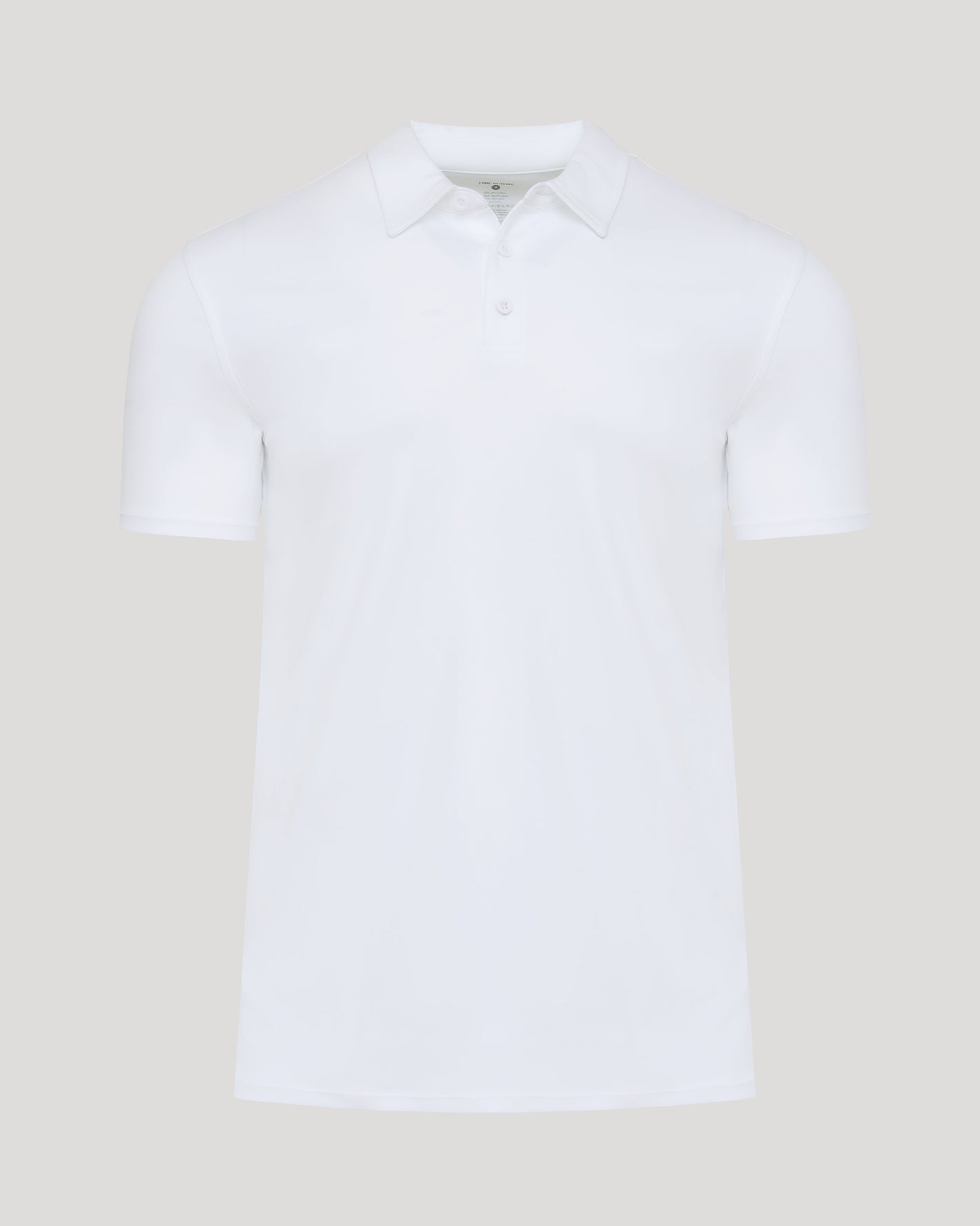 White Premium Pima Polo with fold-over collar and three-button placket.