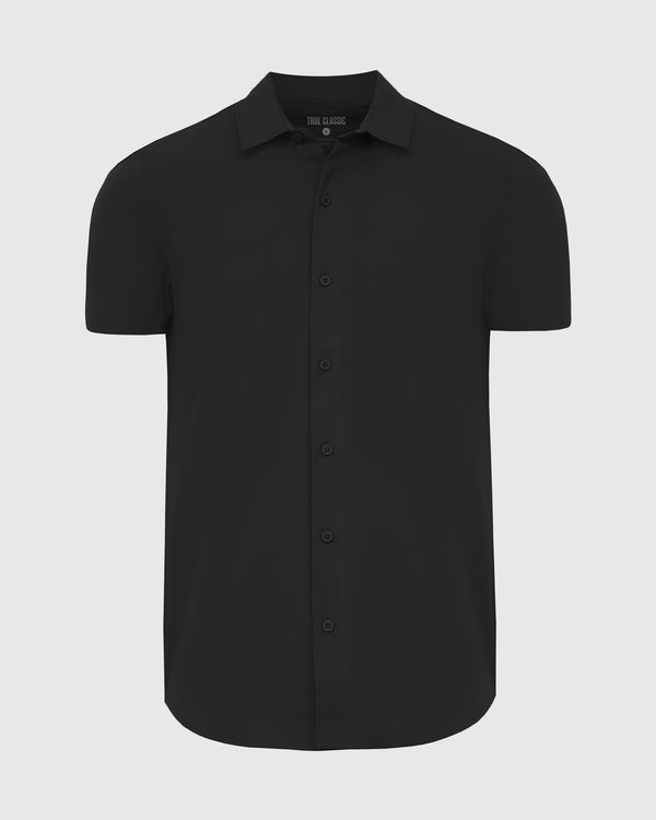 Black Commuter Short Sleeve Shirt, laid flat, displaying button-down style.