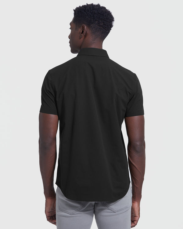 Man wearing Black Commuter Short Sleeve Shirt, back view.