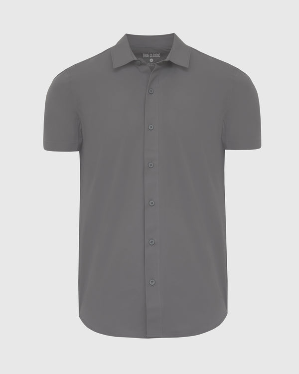 Carbon Commuter Short Sleeve Shirt, grey, button-front, branded True Classic.