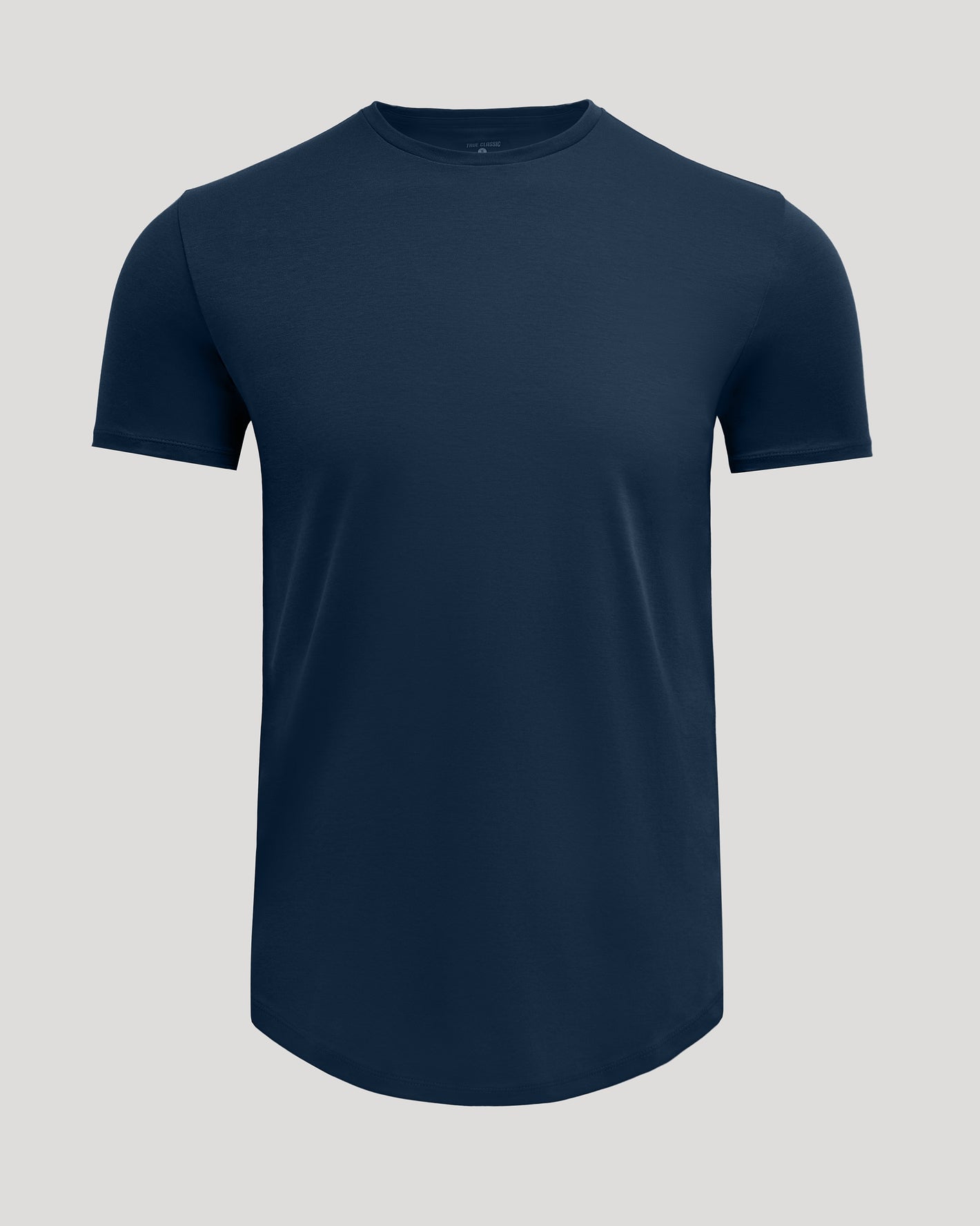 Navy Premium Pima Crew Curved Hem T-shirt on light-gray background.
