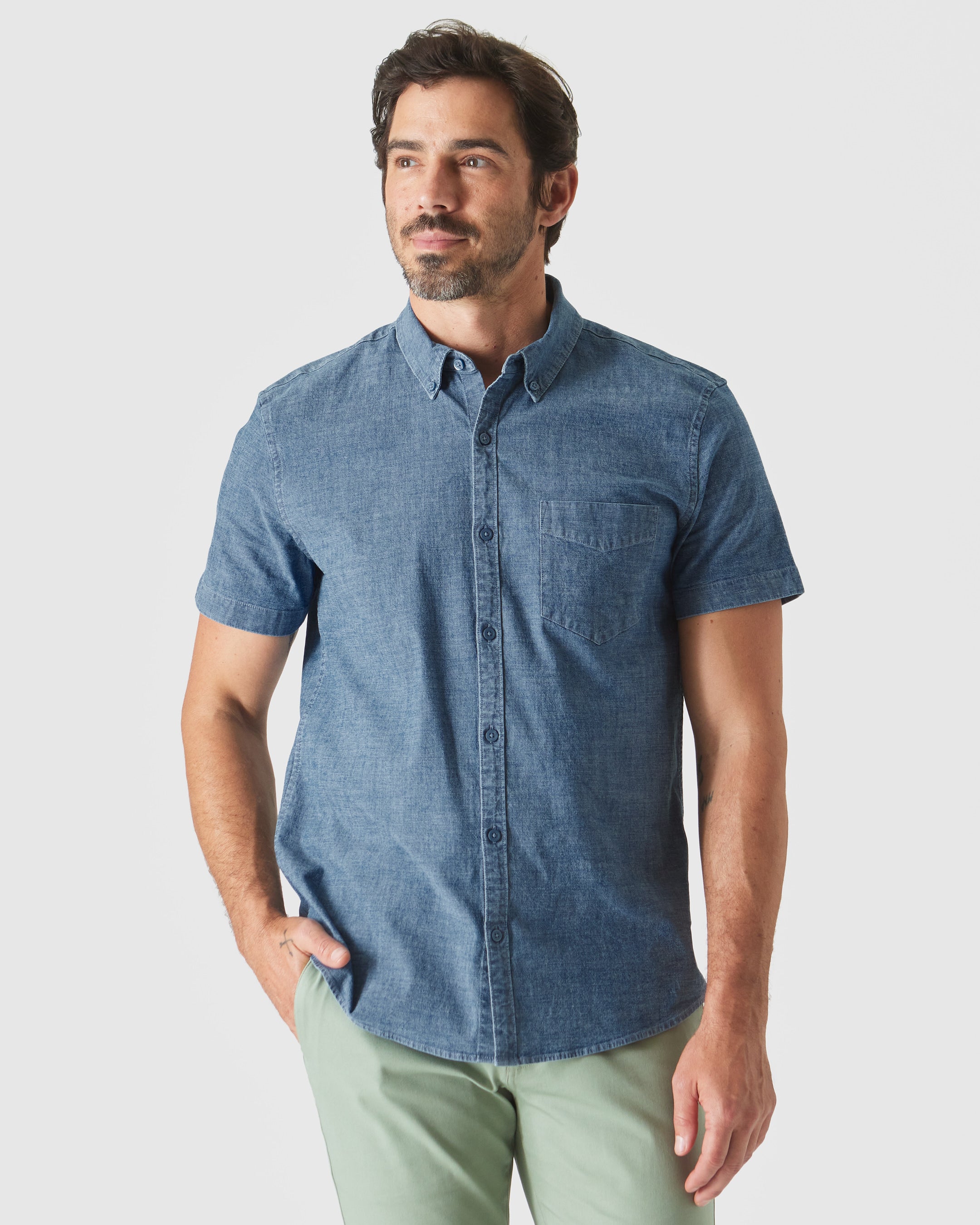 Men's James Short Sleeve Shirt - Charcoal Chambray Dots