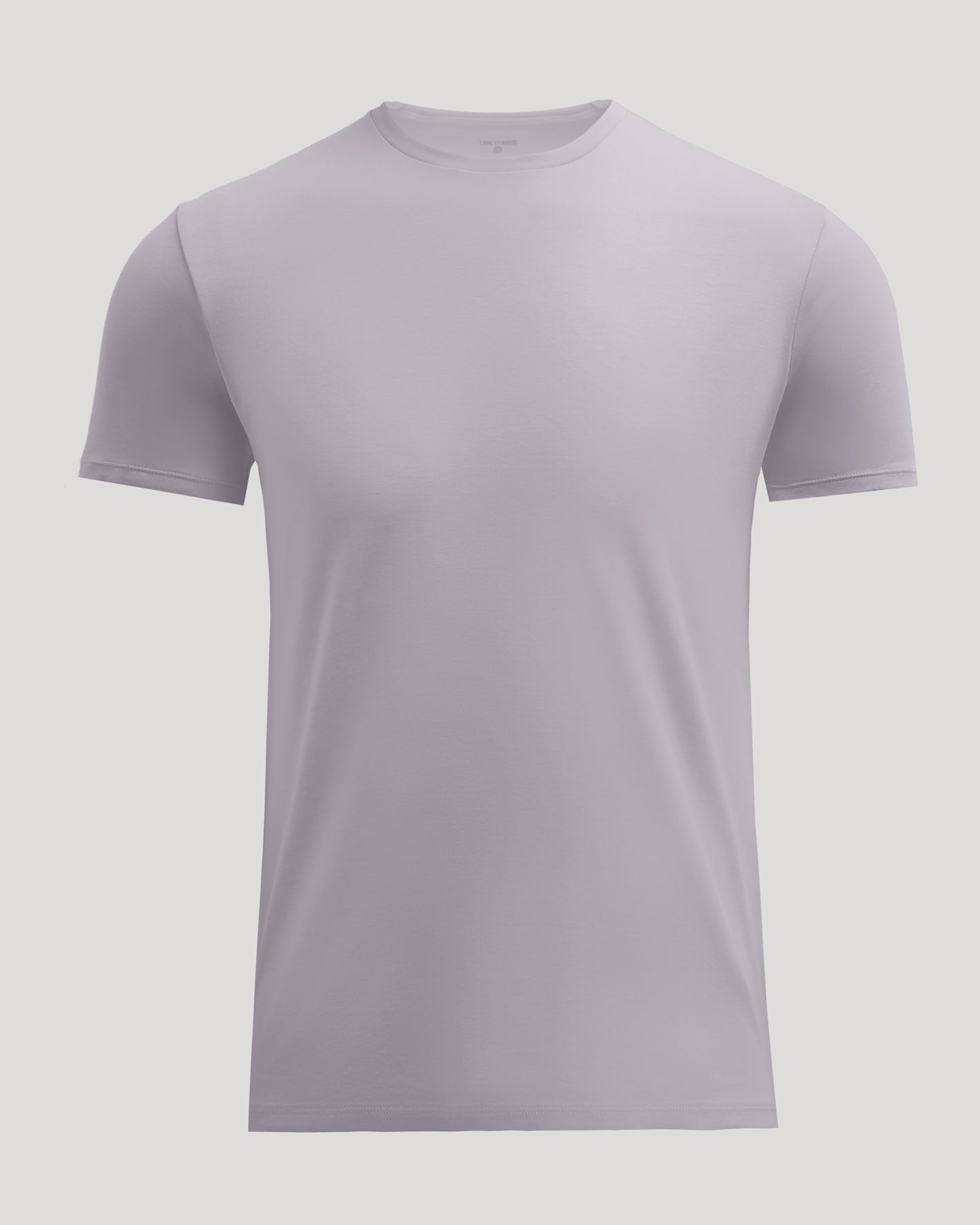 A short-sleeve crewneck t-shirt in a light lavender-gray color, displayed on a neutral light gray background.