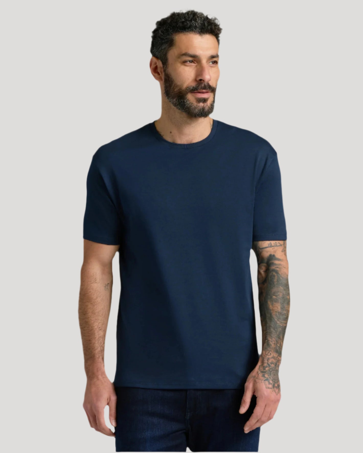 Man wearing Navy & Lagoon Classic Premium Pima Crew 2-Pack Tee.