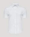White Performance Dress Shirt, short-sleeved, button-front, on gray background.