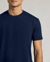 Wardrobe Curved Hem Classic Crew Neck T-shirt in navy-blue, short-sleeved, snug fit.