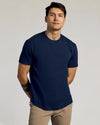 Classic Curved Hem Crew Neck 10-Pack modeled by a man in navy tee.