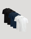 Three black, one navy, and one white t-shirt on a light gray background