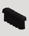 Six black crew neck t-shirts arranged in a diagonal row displaying the True Classic Men's Heavyweight Curved Hem Crew – Premium Heavyweight Cotton Blend, Modern Athletic Fit, Structured Everyday T-Shirt in men's basics style.