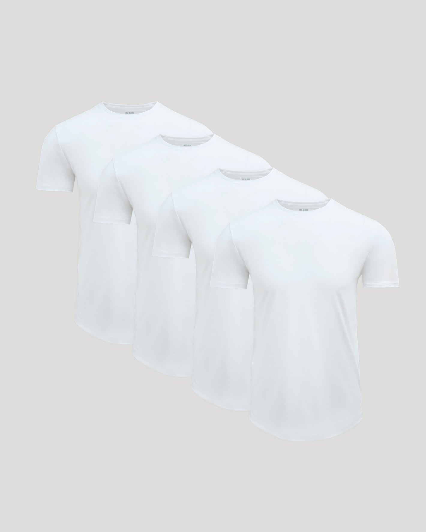Pima Cotton Blend Curved Hem Crew 4-Pack, plain white tees, overlapping layout.