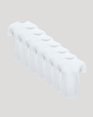 True Classic Men’s Pima Cotton Blend Curved Hem Crew T-shirts arranged stylishly.