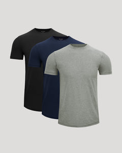 Three men's crew neck t-shirts in black, navy, and gray, displayed with curved hems, representing the Active Curved Hem Crew 3-Pack.