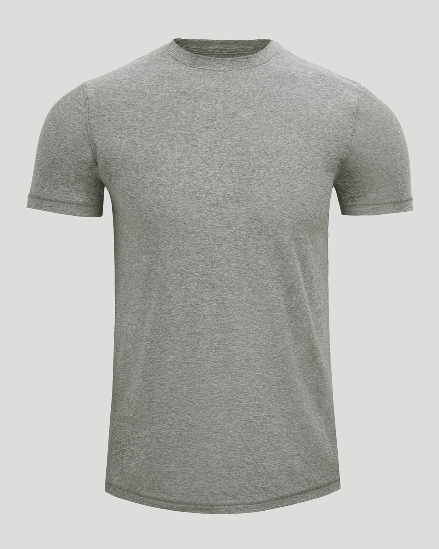 A short-sleeve crewneck t-shirt in heather gray, shown on a solid light gray background.