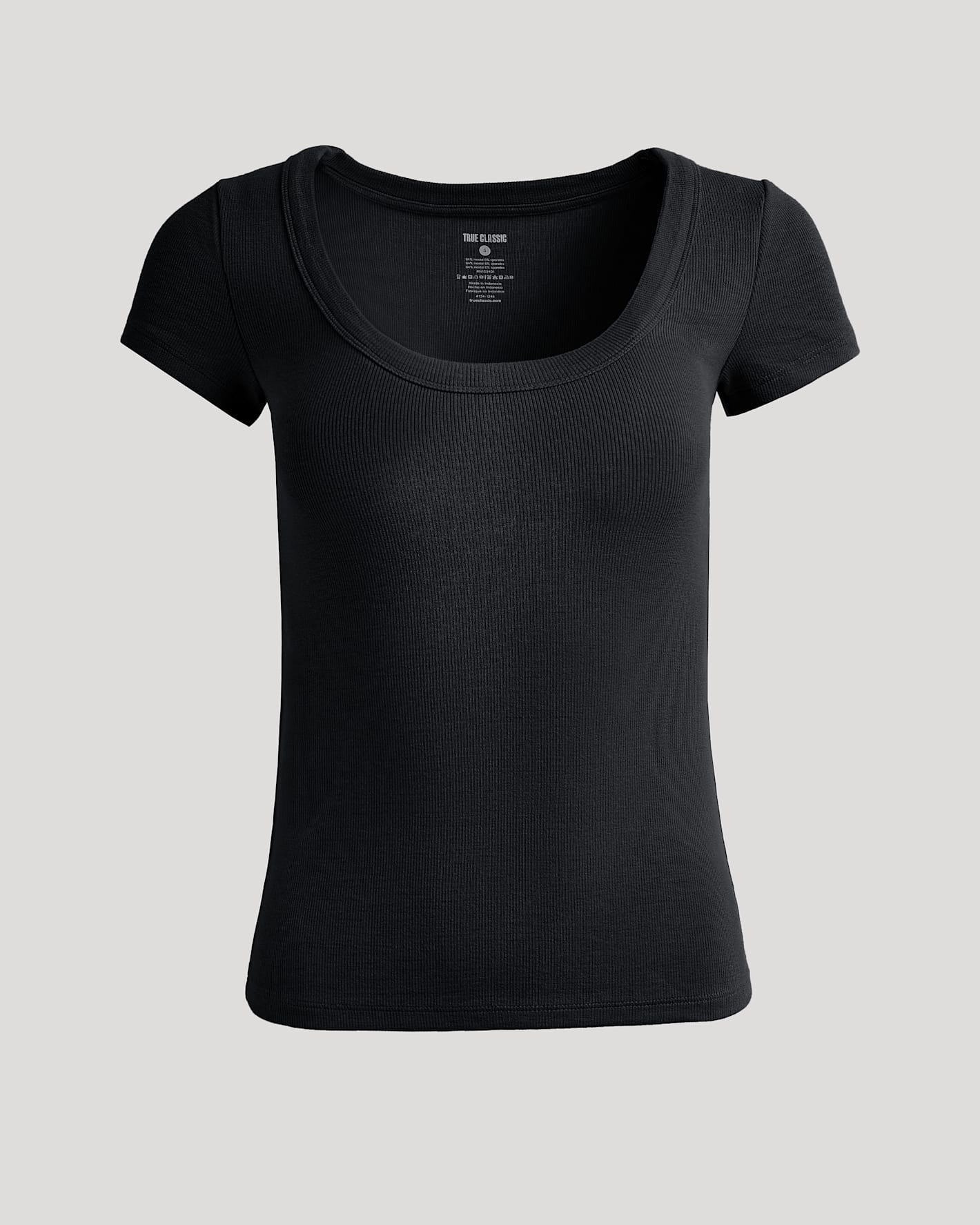 Womens Black Ribbed U-Neck Tee with scoop neckline and ribbed texture.