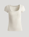 Womens Oatmeal Ribbed U-Neck Tee, slim fit, short sleeves, scooped neckline.
