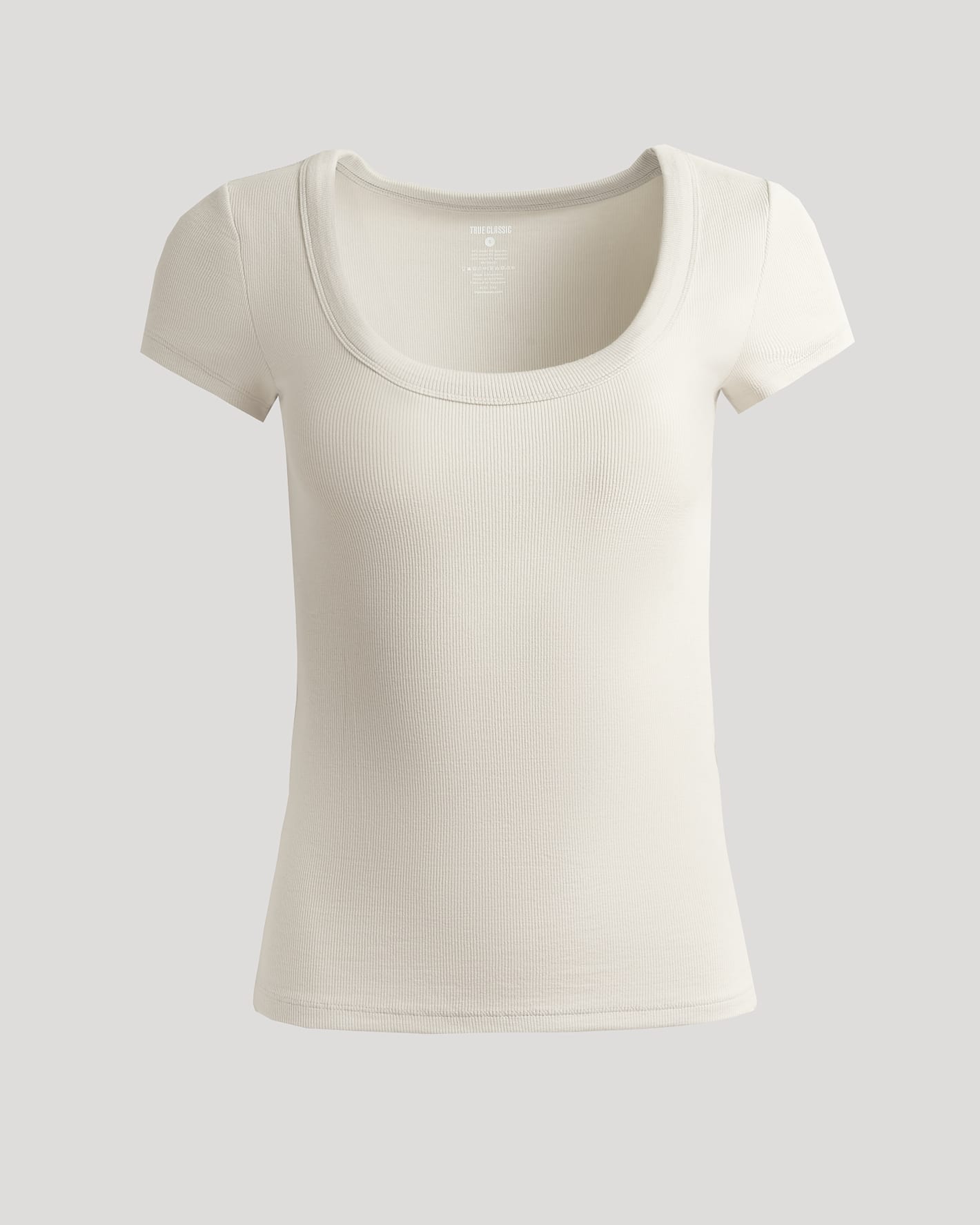 Womens Oatmeal Ribbed U-Neck Tee, slim fit, short sleeves, scooped neckline.