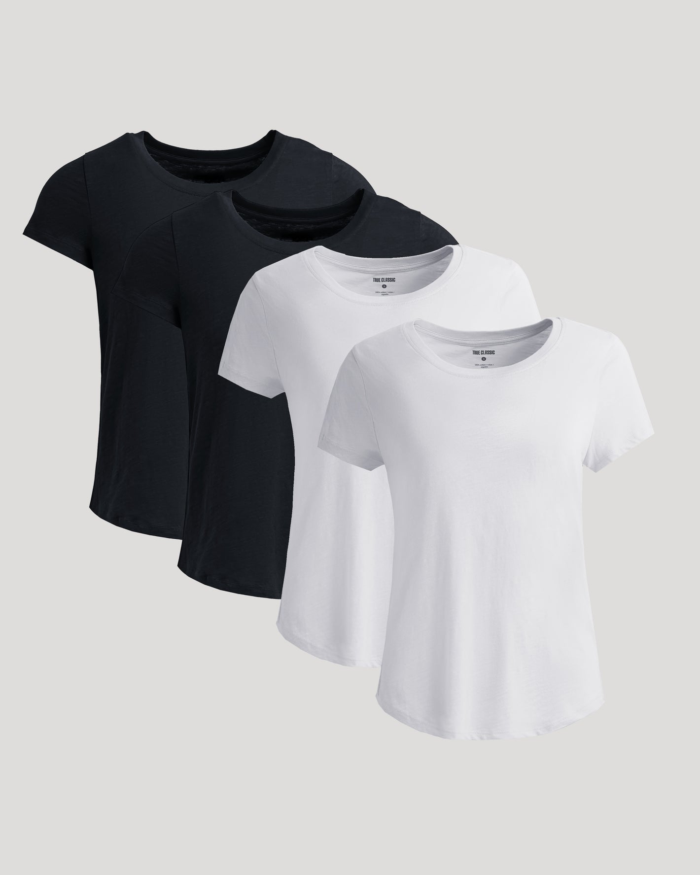 Womens Black & White Slub Scoop Neck Tee 4-Pack laid flat.