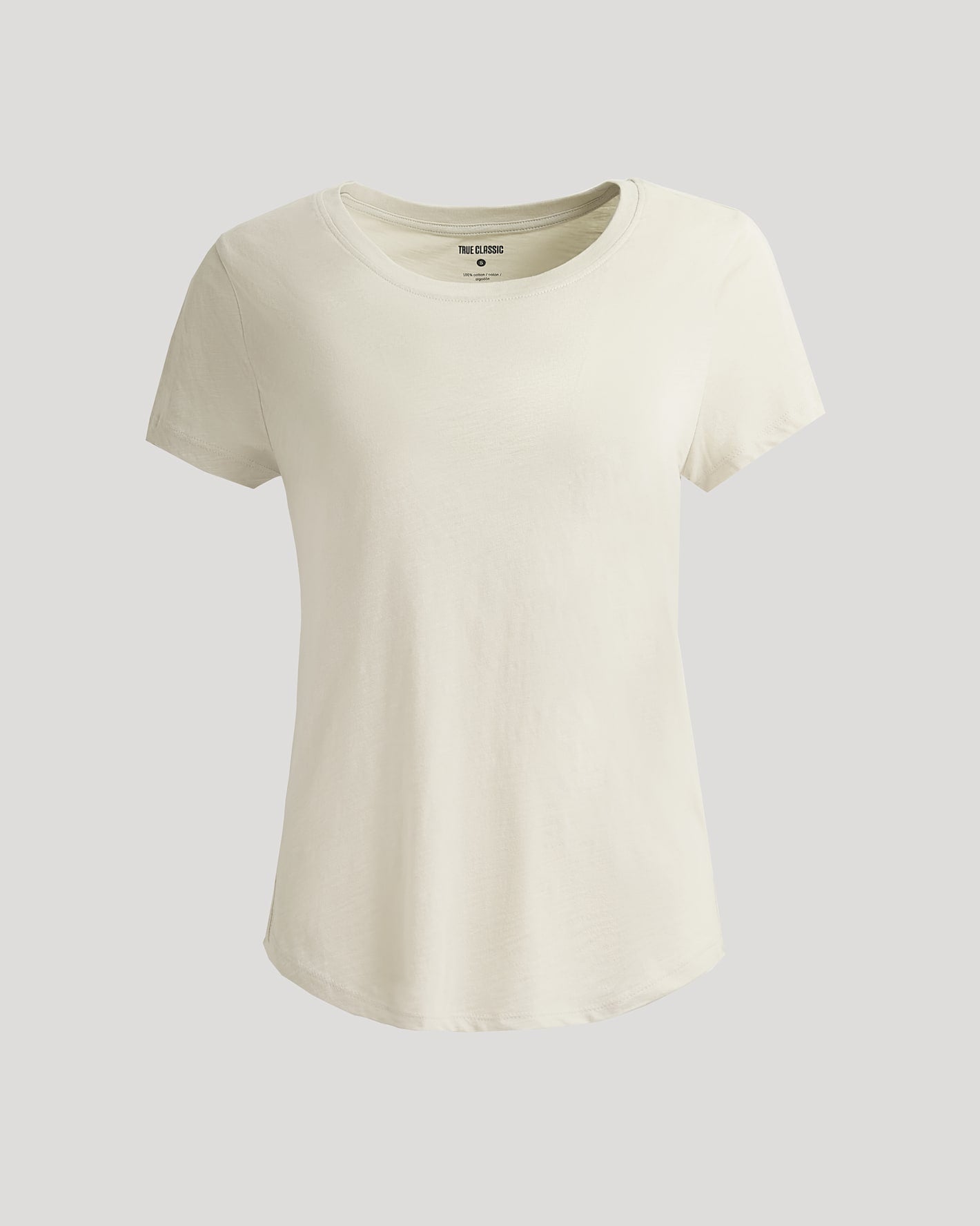 Womens Oatmeal Slub Scoop Neck Tee, relaxed fit, crew-neck, short-sleeve.