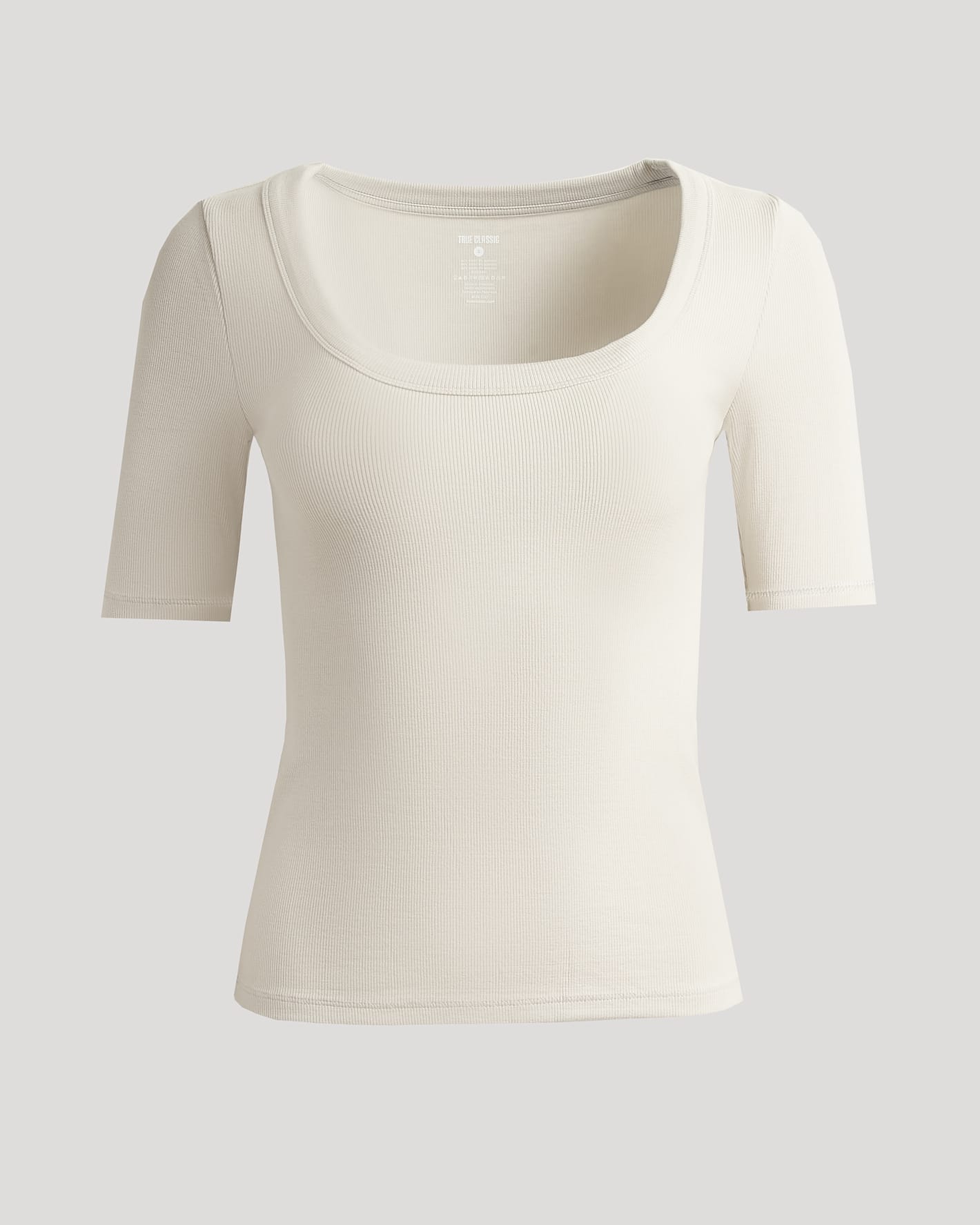 Womens Oatmeal Ribbed 3/4 Sleeve Scoop Neck Tee, fitted and cozy.