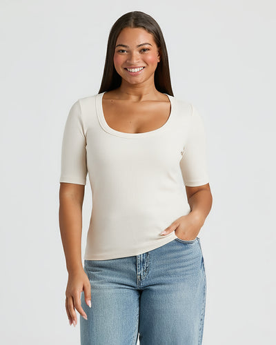 Ribbed 3/4 Sleeve Scoop Neck - Oatmeal