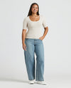 Woman in Womens Oatmeal Ribbed 3/4 Sleeve Scoop Neck Tee.