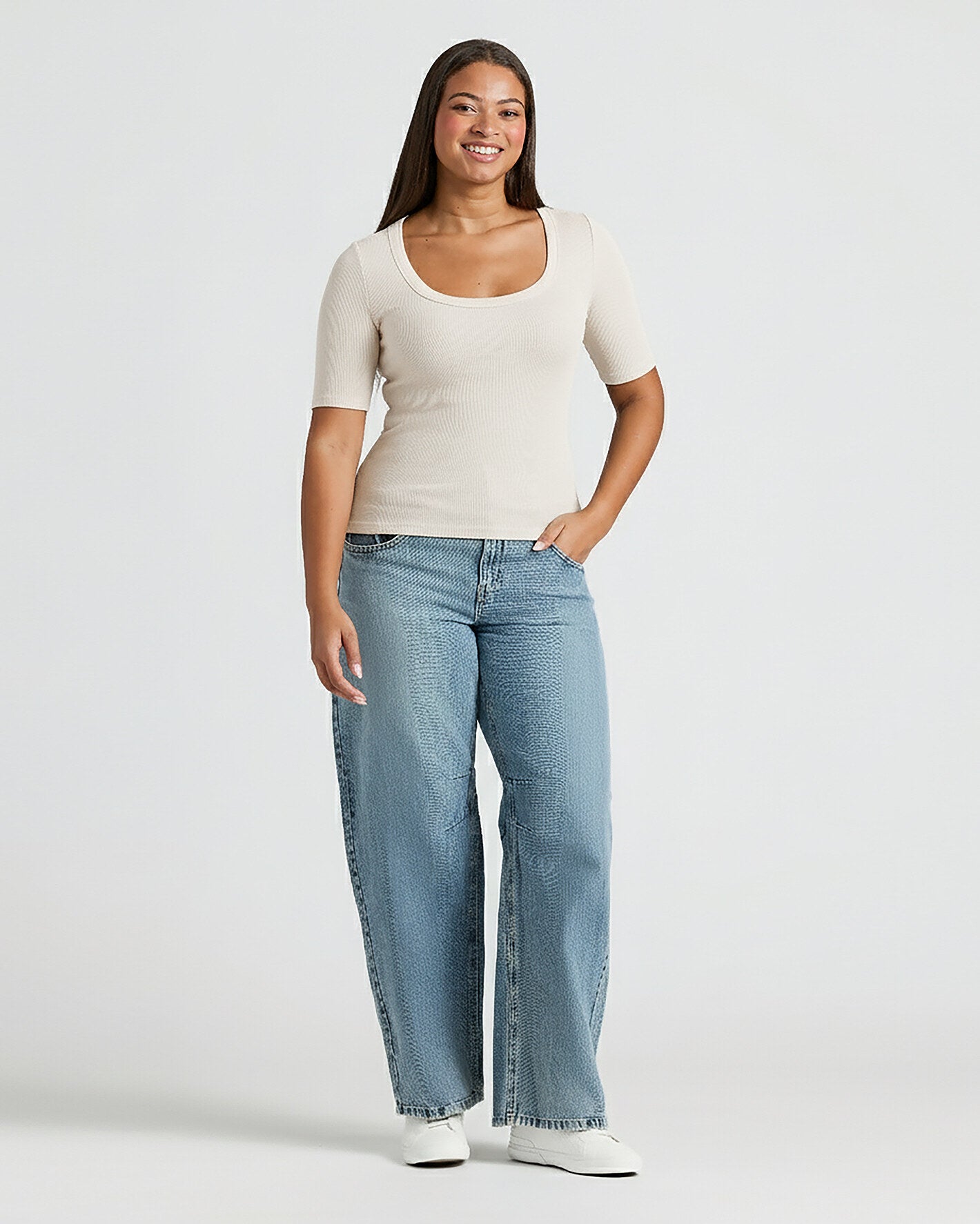 Woman in Womens Oatmeal Ribbed 3/4 Sleeve Scoop Neck Tee.