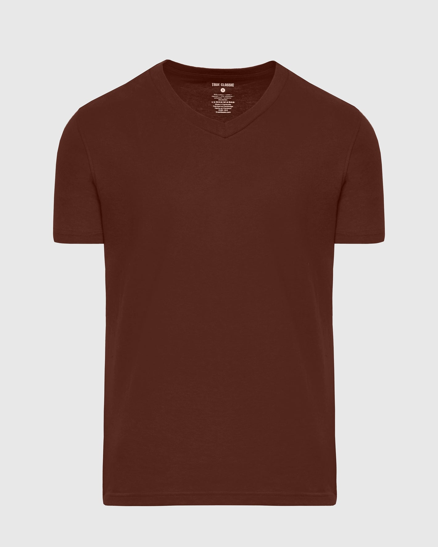 Dark Chocolate Classic V-Neck T-shirt, accentuating arms and shoulders.
