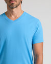 Dark Heather Bahama Blue Classic V-Neck on person mid-torso to eyes.
