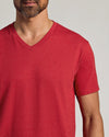 Man wearing Dark Heather Lava Classic V-Neck T-shirt, showcasing fit.
