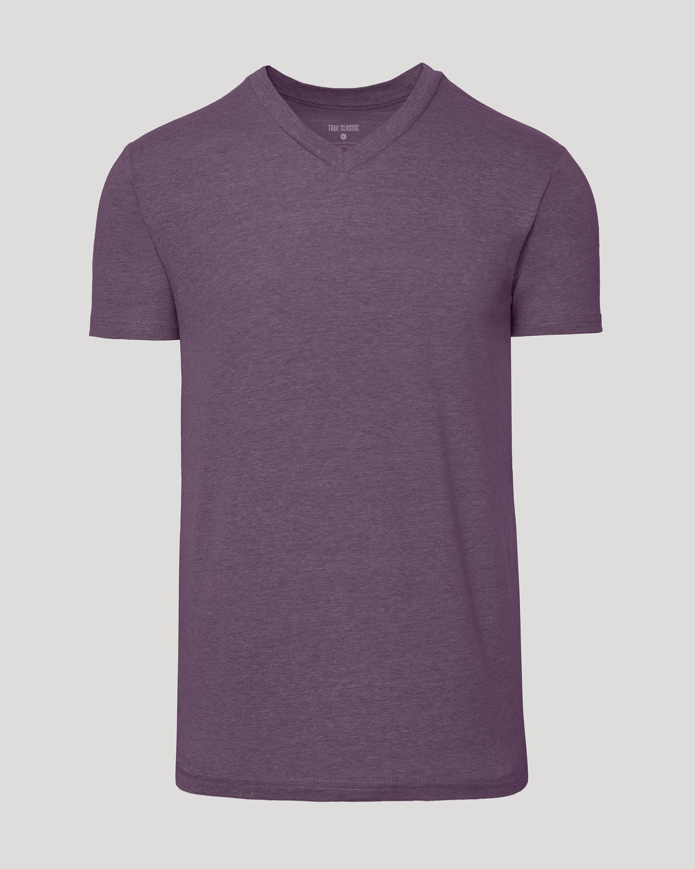 Dark Heather Plum Classic V-Neck T-shirt on neutral backdrop.