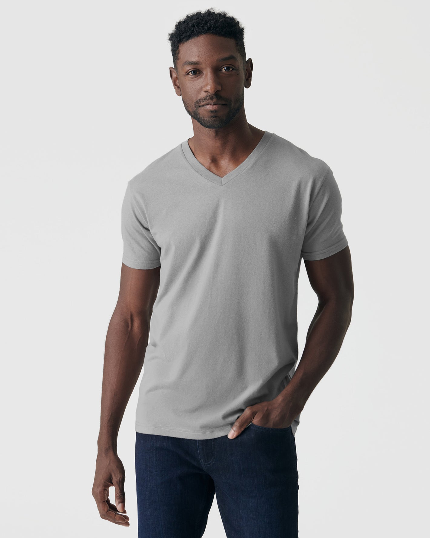 Glacier Gray Classic V-Neck worn by male model in jeans.