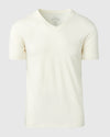 Off White V-Neck T-Shirt with soft, premium fit and screen-printed tag.