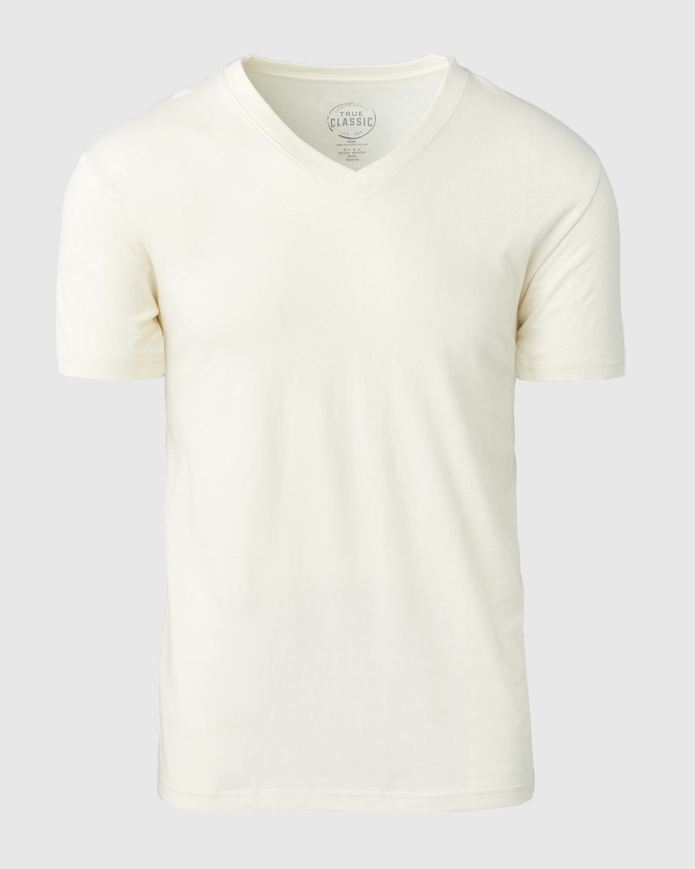 Off White V-Neck T-Shirt with soft, premium fit and screen-printed tag.