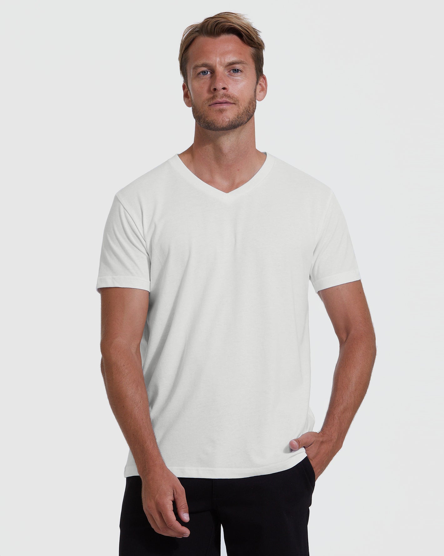 Man wearing Off White V-Neck T-Shirt, showcasing its fitted, contemporary style.