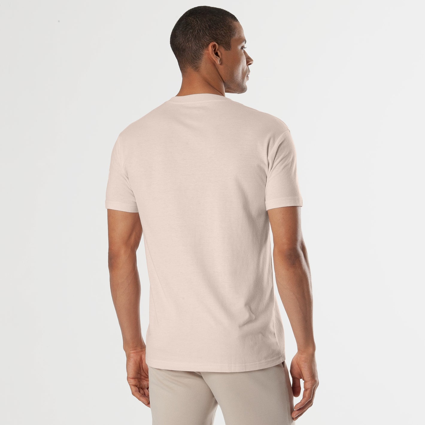 Back view of Pink Opal V-Neck Tee, highlighting fit and cut.