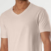 Pink Opal V-Neck Tee on male model, showcasing its fitted contemporary style.
