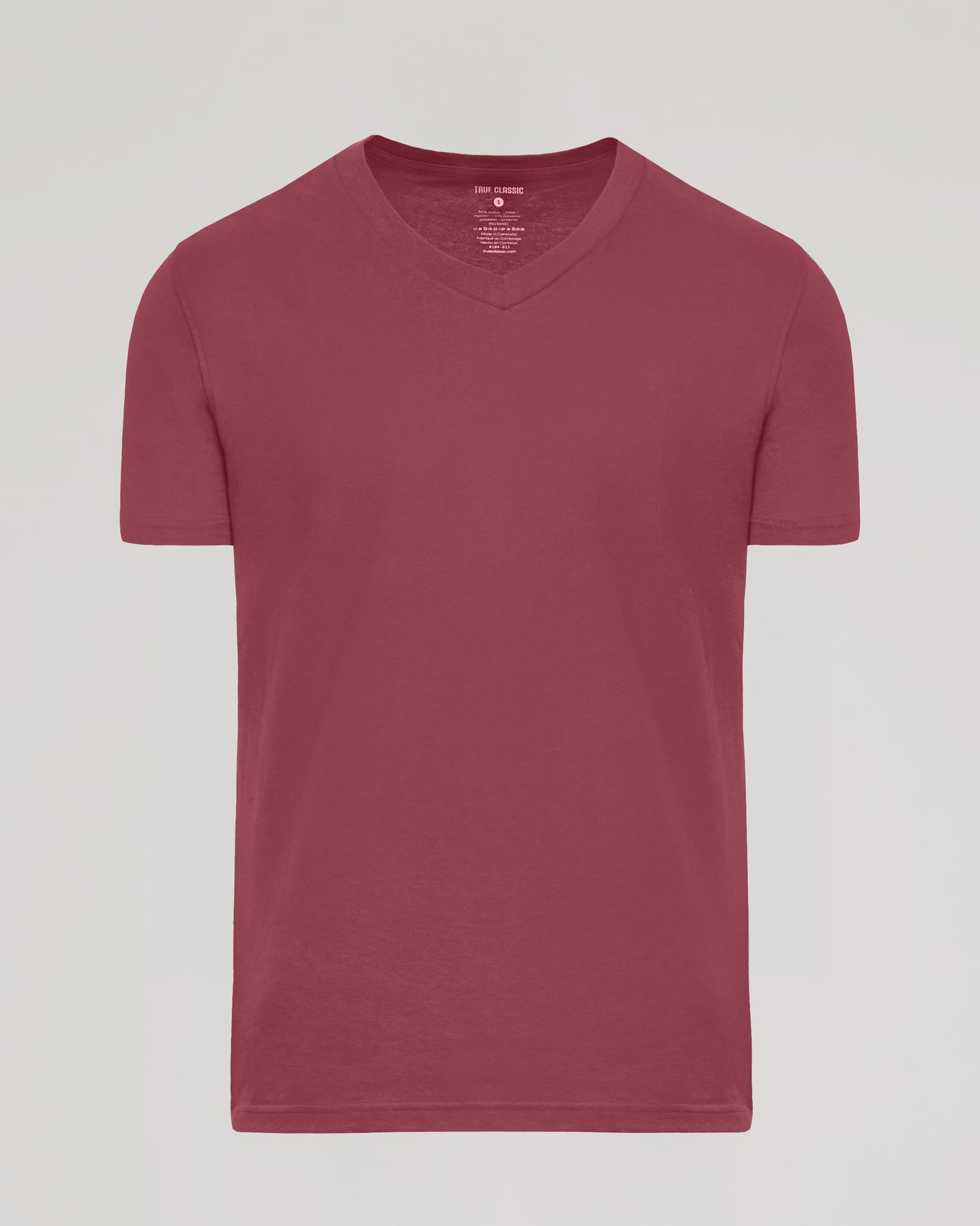 Rustic Apple Classic V-Neck, burgundy, short-sleeve, laid flat.