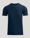 Navy Active V-Neck T-shirt on gray backdrop. Short-sleeved, modern fit.
