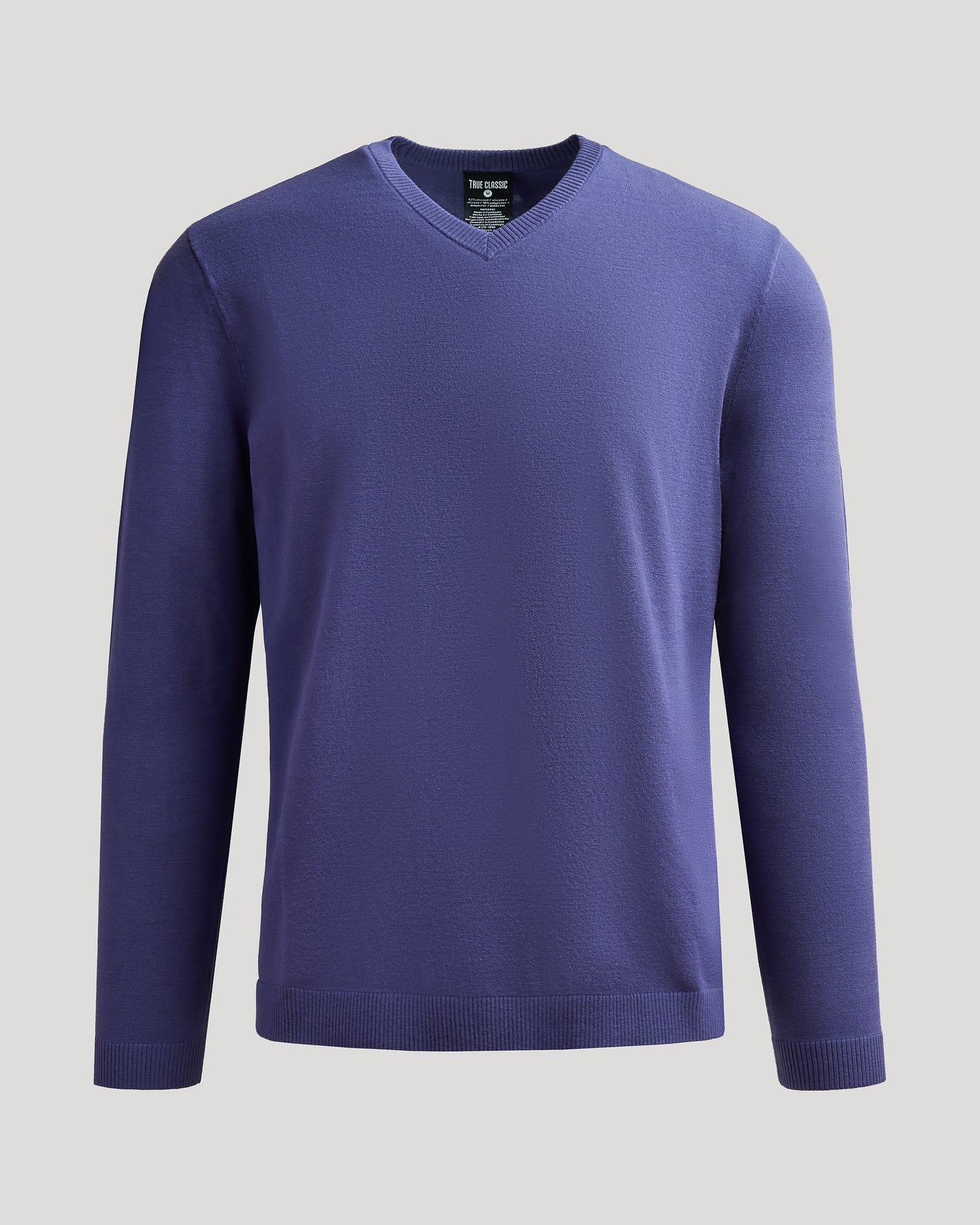 Blueberry Dressy V-Neck Sweater, lightweight knit with ribbed cuffs.