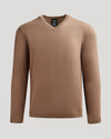Truffle Dressy V-Neck Sweater, ultra-soft tan-brown knit with True Classic label.