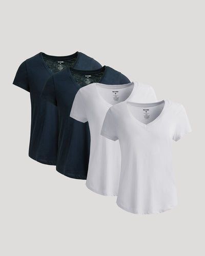 Womens Navy & White Relaxed Slub V-Neck Tee 4-Pack
