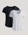 Womens Black & White Relaxed Slub V-Neck Tee 2-Pack laid flat.