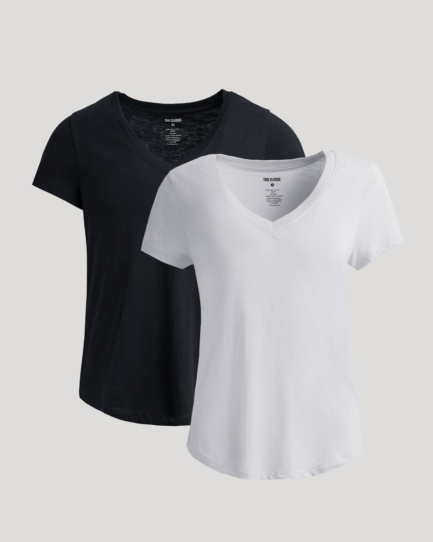 Womens Black & White Relaxed Slub V-Neck Tee 2-Pack laid flat.
