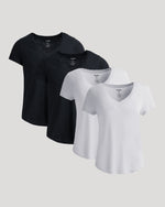 Womens Black & White Relaxed Slub V-Neck Tee 4-Pack