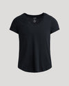 Womens Black Relaxed Slub V-Neck Tee against a gray backdrop.