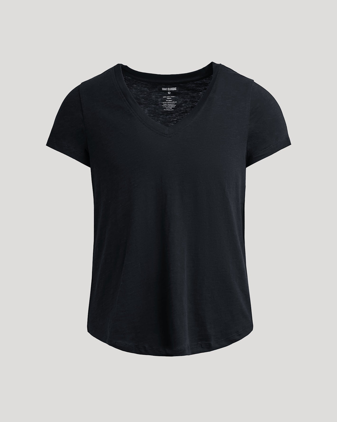 Womens Black Relaxed Slub V-Neck Tee against a gray backdrop.